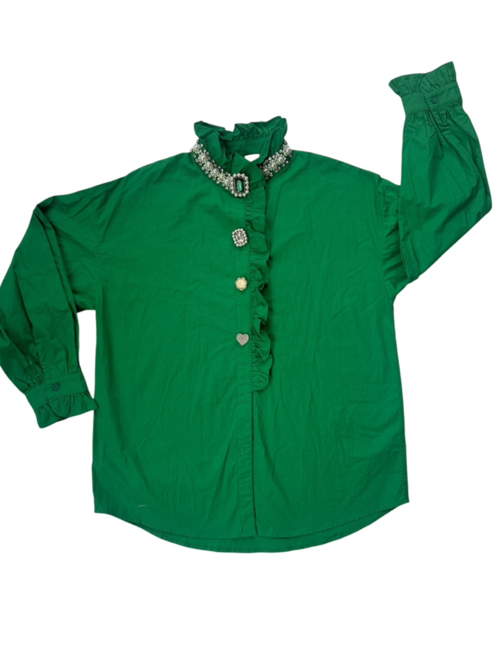 Kate Hewko Green Embellished Brooch Blouse Pearl Trim Balloon Sleeve